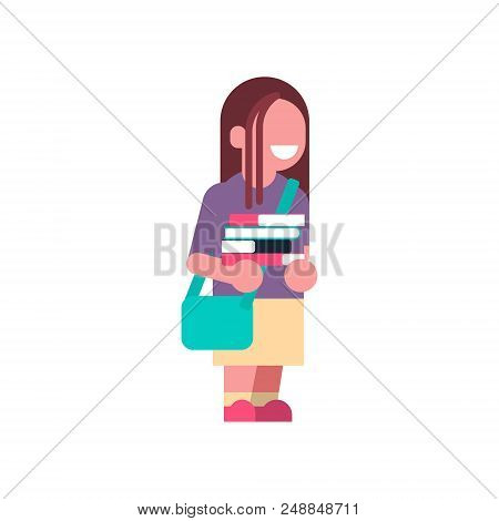 Girl Backpack Books Stack School Children Isolated Small Primary Student Over White Background Flat 