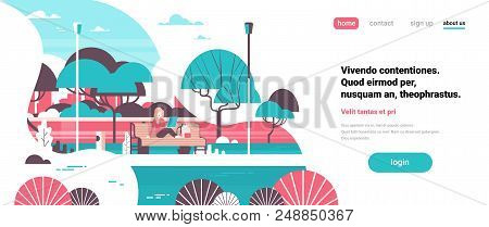 City Park Woman Holding Laptopn Sitting Wooden Bench Streel Lamps Trees River Landscape Background B