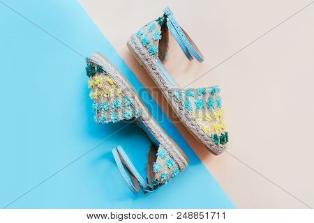 Summer Fashion Flatlay With Gradient Espadrille Sandals On The Two-toned Blue And Beige Background. 