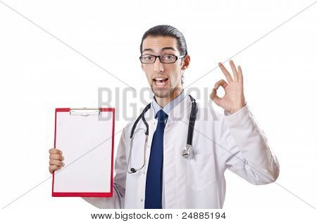 Doktor s prázdný pořadač na bílém pozadí