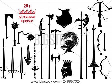Set Of Silhouettes Of Medieval Equipment And Knightly Cold And Small Arms