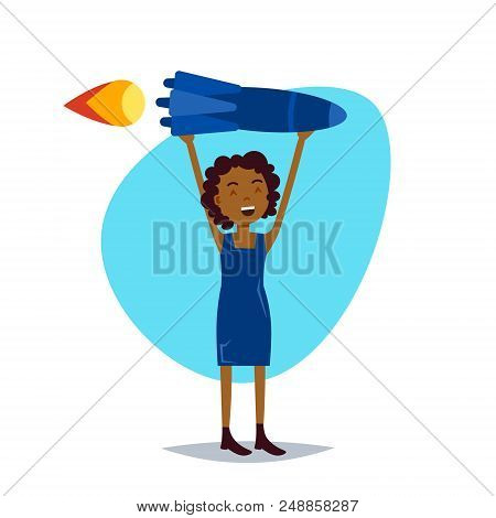 Woman Character Holding Rocket Successful Sturtup Concept Template For Design Work Or Animation Over