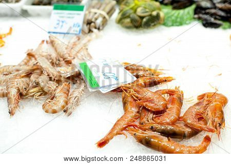 The Counter On The Market, Seafood On Ice, Shrimps, Prawns The Boqueria Market In Barcelona, Spain. 