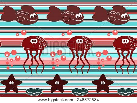 Seamless Pattern With Cute Fish, Jellyfish And Starfish.