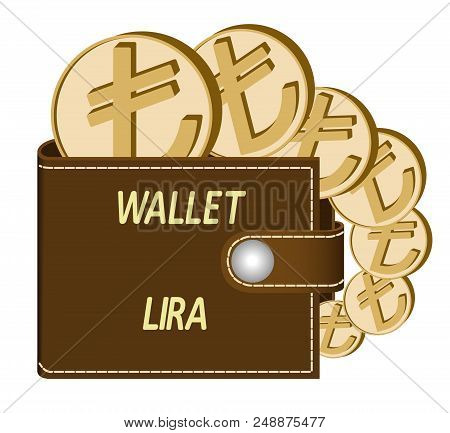 Brown  Wallet With Lira Coins On A White Background , Currency In The Wallet,sign And Symbol Currenc