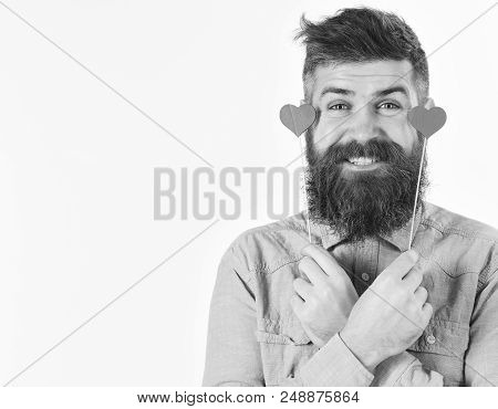 Bearded Serious Man In Blue Shirt Holds Small Hearts Valentines. Handsome Smiling Guy Isolated On Wh