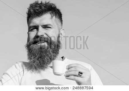 Man With Long Beard Enjoy Coffee. Coffee Taster Concept. Bearded Man With Espresso Mug, Drinks Coffe