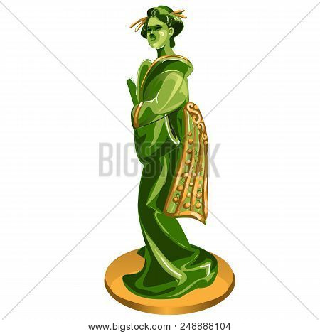 Geisha Figurine Made Of Jade Isolated On White Background. Statuette Of Nephrite In The Oriental Sty