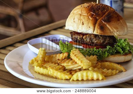 Tasty Fresh Burger And French Fries On White Plate Served For Lunch. Yummy Kids Food Menu Closeup Ph