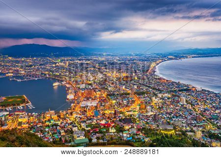 Hakodate, Hokkaido, Japan city skyline from Mt. Hakodate at dawn.