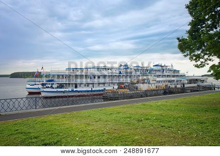 Myshkin, Russia - June 2, 2018: Cruise Passenger Ships On The Volga River On The Mooring Of The City