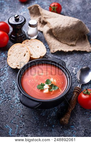Tomato Soup Gazpacho In Stewpan. Selective Focus
