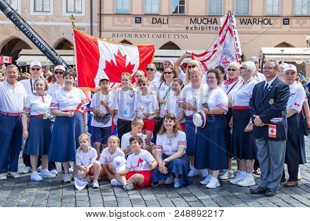 Prague, Czech Republic - July 1, 2018: Canadian Visitors At Sokolsky Slet, A Once-every-six-years Ga