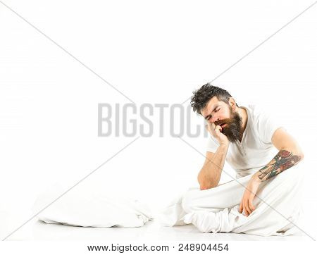 Man Exhausted, Needs Relax, Rest, Nap, Copy Space. Fall Asleep Concept. Sleeping Bearded Man On Whit