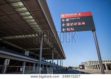 Berlin / Germany - April 29, 2018: Signpost On Passenger Terminal Berlin Brandenburg Airport, Willy 