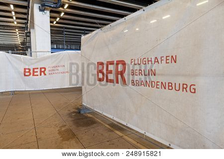 Berlin / Germany - April 29, 2018: Construction Barricade On Passenger Terminal Berlin Brandenburg A