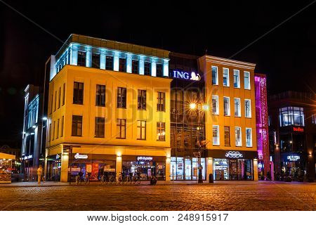 Bydgoszcz, Poland, May 31, 2018: Night View Of Bydgoszcz City At Brda River In Poland