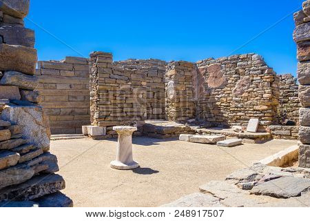 Ancient Ruins In The Island Of Delos In Cyclades, One Of The Most Important Mythological, Historical