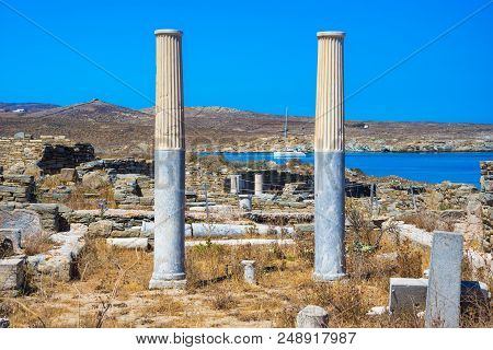 Ancient Ruins In The Island Of Delos In Cyclades, One Of The Most Important Mythological, Historical