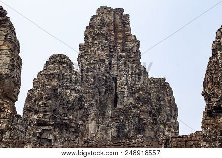 Central Tower Of Bayon Temple, Angkor Wat Complex, Cambodia. Temple With Stone Face Of Jayavarman Vi