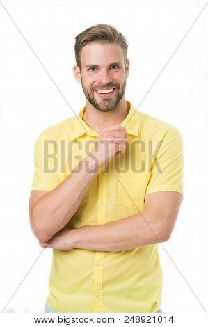 Glad To Help You. Man Smiling Face Posing Confidently Ready To Help White Background. Guy With Brist