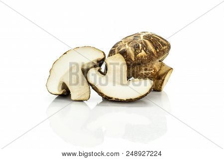 Group Of One Whole Two Halves Of Fresh Raw Brown Shiitake Mushroom Isolated On White