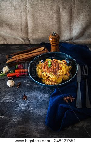 Radiatori pasta Bolognese on the table
