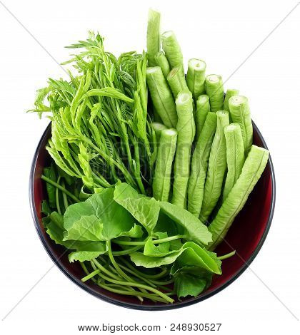 Vegetable, Top View Of Fresh Green Cowpeas, Leucaena Leucocephala And Gotu Kola Leaves Isolated On W