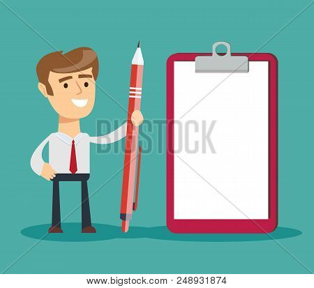 Thoughtful Young Businessman With Pencil And Paper Over Background. Stock Flat Vector Illustration.