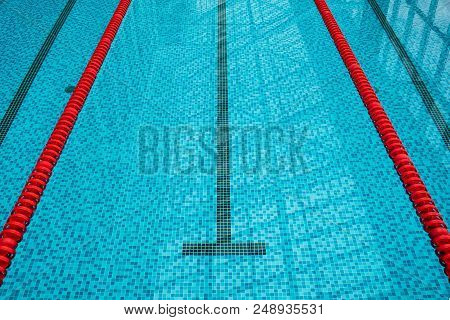 In Center One Platform For Start And Lane Of Swimming Pool.