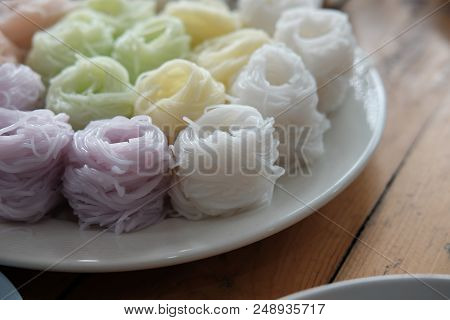 Colorful Thai Vermicelli With Natural Herbal Color. Rice Noodle