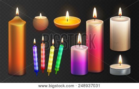 Stock Vector Illustration Realistic 3d Set Multicolor Candles Isolated On A Transparent Checkered Ba