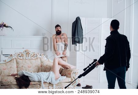 Husband Arrived Home To See Wife Cheat With Lover. Aggressive Man With Gun To Shoot Couple In Love. 