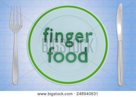 3d Illustration Of Finger Food Title On A Pale Blue Plate, Along With Silver Knif And Fork, On A Col