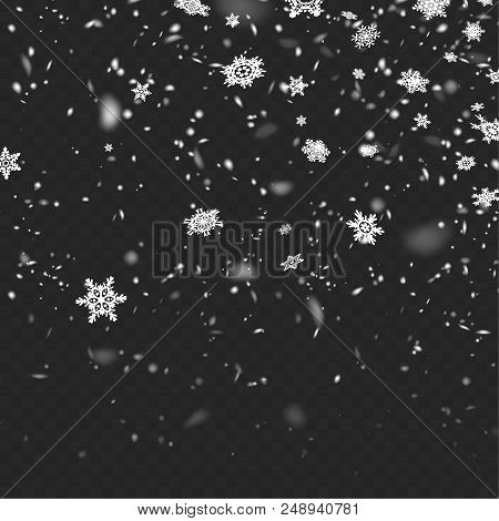 Stock Vector Illustration Realistic Defocused Falling Snow. Snowflakes, Snowfall. Transparent Backgr