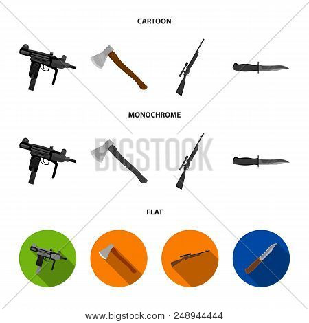 Ax, Automatic, Sniper Rifle, Combat Knife. Weapons Set Collection Icons In Cartoon, Flat, Monochrome