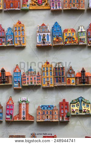 Gdansk, Poland - June 5, 2018: Mariacka Street, Souvenir Shop, Fridge Magnet, Main City