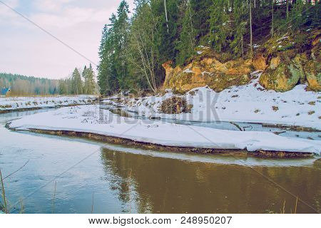 Red Cliffs In Winter At Latvia.