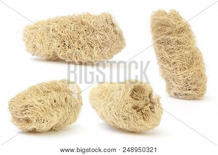 Set Of Loofah (natural Luff Sponge) Isolated On White, Use For Body Scrub