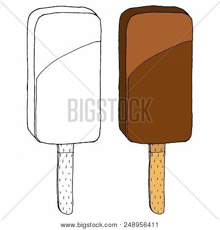 Ice Cream. Vector Of Chocolate, Ice Cream. Hand Drawn Ice Cream On A Stick.
