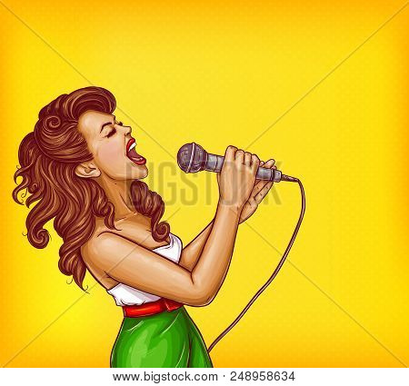 Expressive Singing Woman With Microphone In Hands Pop Art Illustration With Copyspace. Karaoke Signe