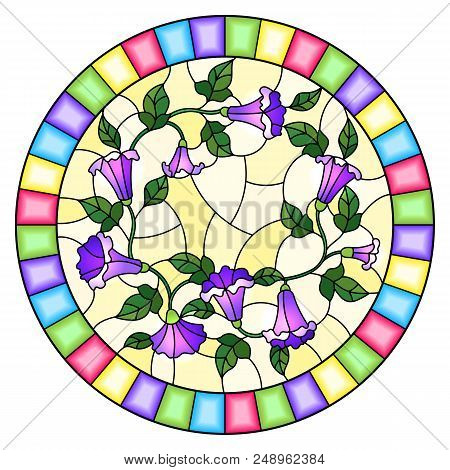 Illustration In Stained Glass Style Flowers Loach, Purple Flowers And Leaves On Yellow Background,ro