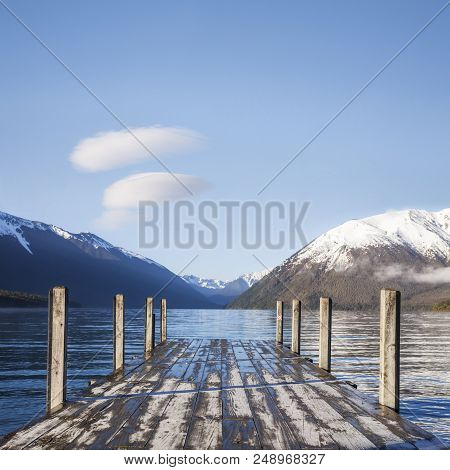 The Famous View Of The Jetty At Lake Rotoiti, Nelson Lakes National Park, New Zealand, On A Fresh, C