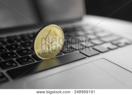 Ethereum Coin Symbol On Laptop, Future Concept Financial Currency, Crypto Currency Sign. Blockchain 