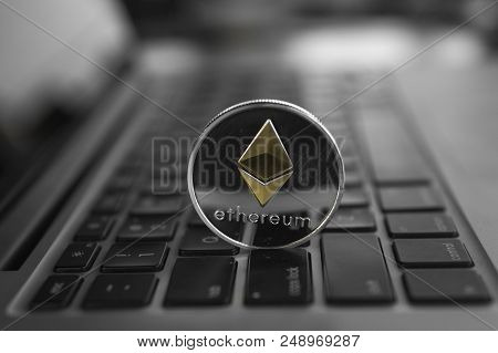 Ethereum Coin Symbol On Laptop, Future Concept Financial Currency, Crypto Currency Sign. Blockchain 