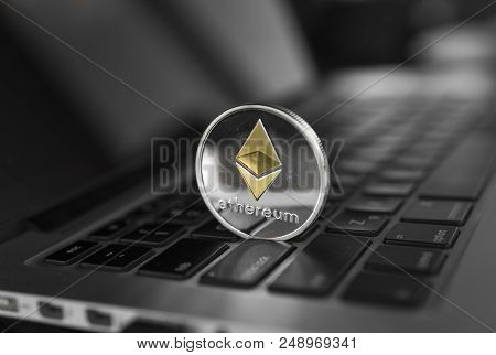 Ethereum Coin Symbol On Laptop, Future Concept Financial Currency, Crypto Currency Sign. Blockchain 