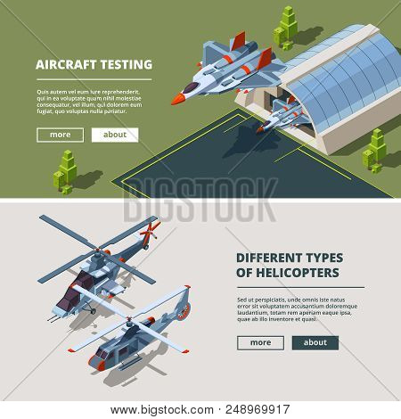 Banners With Airplanes Pictures. Military Isometric Aircrafts. Airbase With Fighter Aircraft, Airpla
