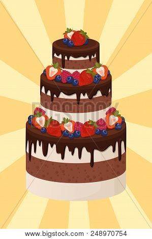 Three-tier Wedding Cake With Chocolate And Cream Layers Decorated With Ripe Sweet Strawberries Isola