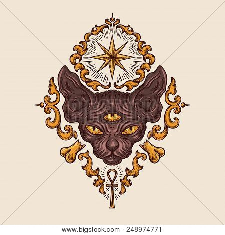 Black Sphinx Cat Head With Mysterious Three Eyes Look, Egyptian Ankh Crux And Sirius Star Drawn Illu