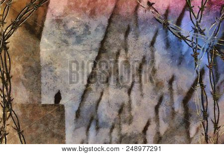 High building with windows and silhouette of bird with barbed wire. 3D rendering
